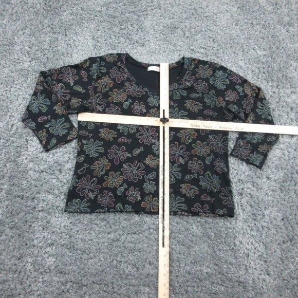 Fresh Produce Shirt Womens Large Black Floral Print Made USA Pullover Top Cotton - Picture 3 of 15